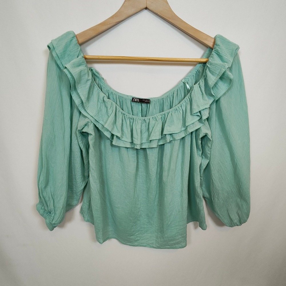 Zara Blouse Women's Large Light Green Ruffle Cotton